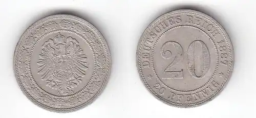 20 Pfennig Nickel Münze Kaiserreich 1887 A, Jäger 9  f.vz (165726)