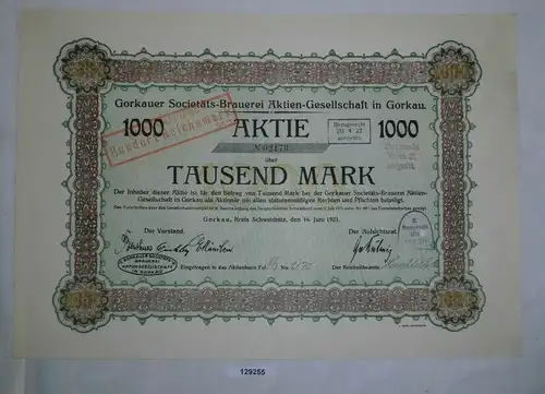 1000 Mark Aktie Gorkauer Societäts-Brauerei AG Gorkau 16. Juni 1921 (129255)