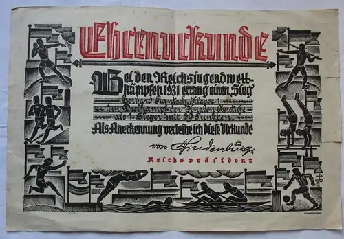 Ehrenurkunde Bei den Reichsjugendwettkämpfen 1931 Sieg errungen (100400)