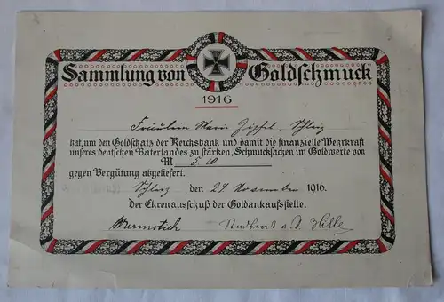 Urkunde zur Sammlung von Goldschmuck Goldankaufsstelle Gera 1916 (113272)