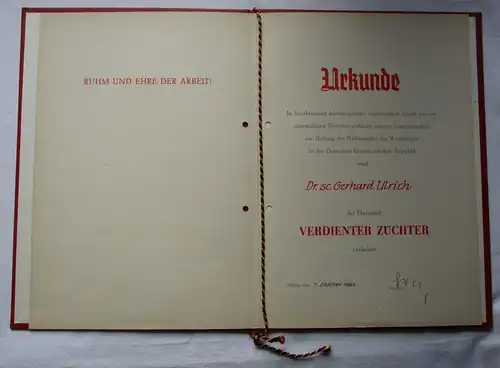 DDR Urkunde Orden Verdienter Züchter 7. Oktober 1983 Lietz Bartel 63 f (124634)