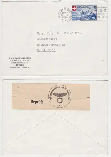 901128 geprüfter Brief Zürich Schweiz nach Berlin 1940 mit 30 Rappen Briefmarke
