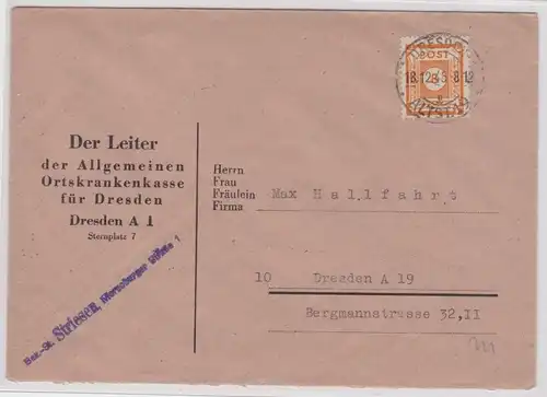 901263 Brief allgemeine Ortskrankenkasse Dresden SBZ 8 Pfennig 18.12.1945