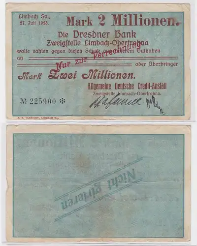 2 Millionen Mark Banknote Dresdner Bank Limbach 27.7.1923 (121607)