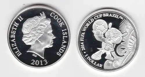 1 Dollar Silbermünze Cook Inseln FIFA Fussball WM 2014 Brasilien 2013 (143210)