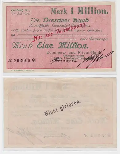 1 Million Mark Banknote Dresdner Bank Limbach 27.7.1923 (121553)