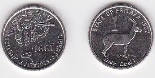 1 Cent Stahl Münze Eritrea Antilope 1997 (122791)