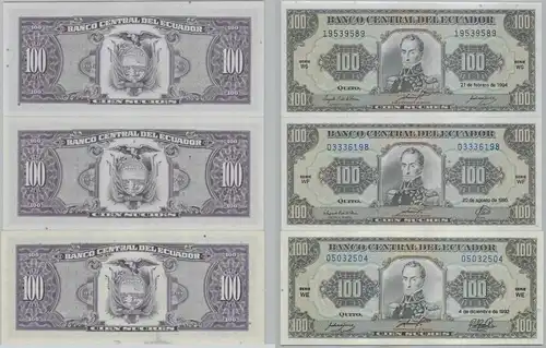 3x 100 Sucres Banknote Ecuador 1992-1994 bankfrisch UNC Pick 123 (153918)