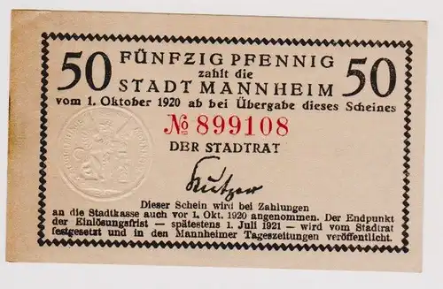 50 Pfennig Banknote Notgeld Stadt Mannheim 1.10.1920 (120599)