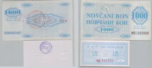 1,00 Dem und 1000 Dinara Banknote Bosnien und Herzegowina Bosnia 1992 (153851)