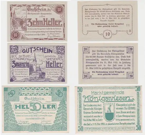 10, 20 und 50 Heller Banknoten Königswiesen 06.04.1920 (149273)