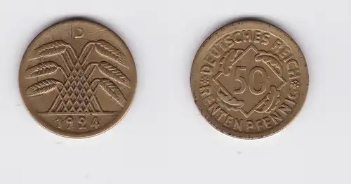 50 Rentenpfennig Messing Münze Weimarer Republik 1924 D Jäger 310 (124345)