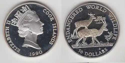 50 Dollar Silbermünze Cook Inseln 1990 bedrohte Tierwelt Grantgazelle (116602)