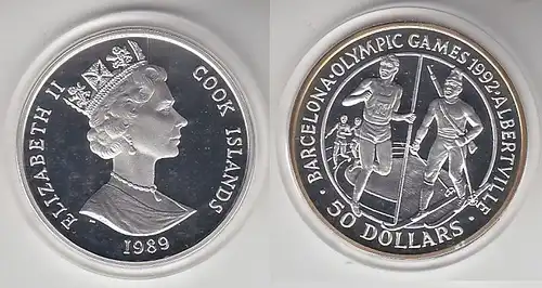 50 Dollar Silbermünze Cook Inseln Olympia Barcelona/Albertville 1989 (116922)