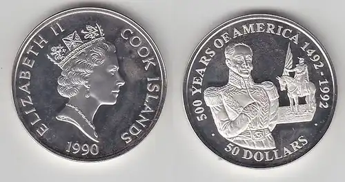 50 Dollar Silbermünze Cook Inseln 500 Jahre Amerika Reiter Simon Bolivar(116545)