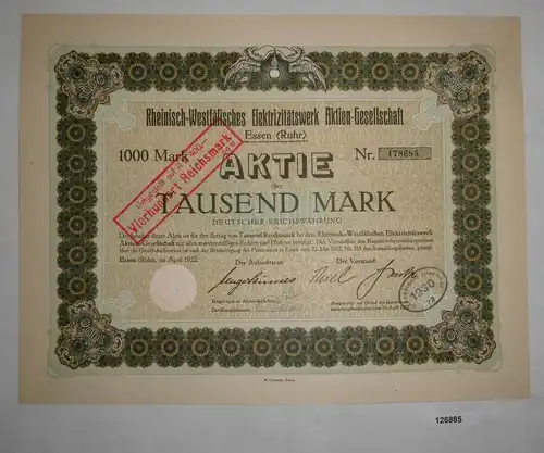 1000 Mark Aktie Rheinisch-Westfälisches Elektrizitätswerk AG Essen 1922 (126885)