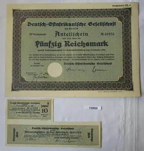 50 RM Aktie Deutsch-Ostafrikanische Gesellschaft Berlin Oktober 1925 (133829)