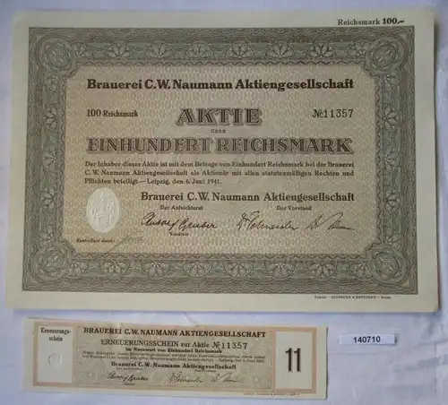 100 Reichsmark Aktie Brauerei C.W. Naumann AG Leipzig 6.Juni 1941 (140710)