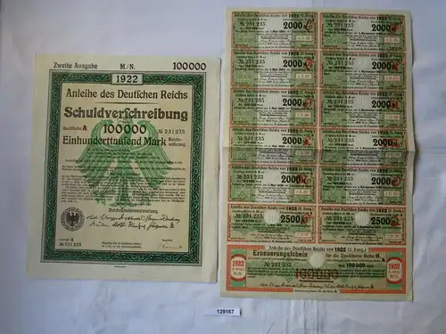 100 000 Mark Aktie Schuldenverschreibung dt. Reich Berlin 01.12.1922 (129167)