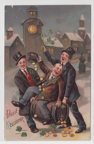 81453 Präge AK Prosit Neujahr Betrunkene auf Bierfass Münzen werfend 1914