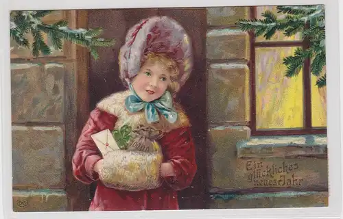 77800 Präge AK glückliches neues Jahr Kind mit Muff Brief und Geldsack 1912