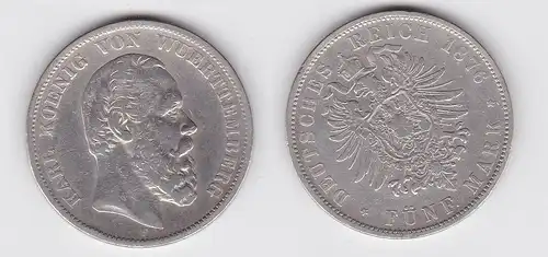 5 Mark Silbermünze Württemberg König Karl 1876 Jäger 173  (131514)