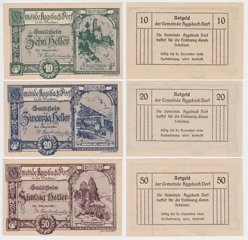 10, 20 und 50 Heller Banknoten Notgeld Gemeinde Aggsbach Dorf 1920 (155477)