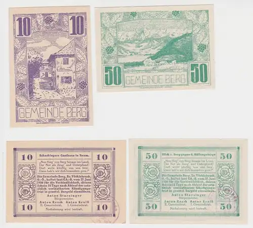 2 Banknoten 10 und 50 Heller Notgeld Gemeinde Berg (151978)