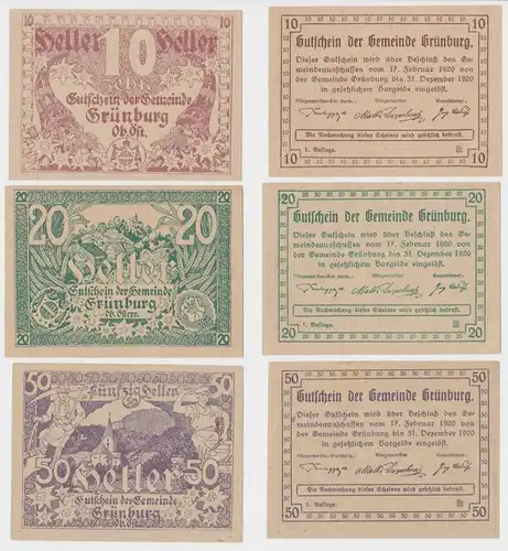 3 Banknoten 10 bis 50 Heller Notgeld Stadtgemeinde Grünburg (144418)
