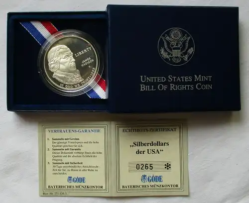 1 Dollar Silber Münze USA 1993 James Madison OVP + Zertifikat (143276)