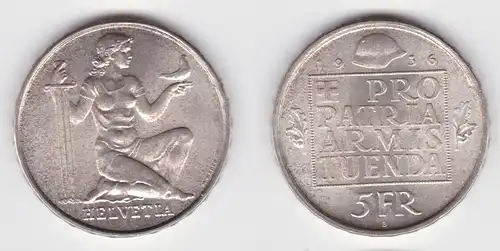 5 Franken Silber Münze Schweiz Wehranleihe 1936 B f.Stgl. (142533)