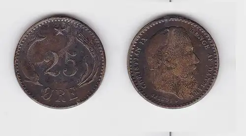 25 Öre Silber Münze Dänemark 1891 Delphin (133633)