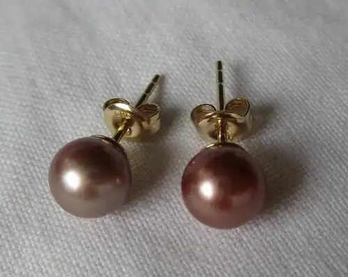 elegante 585er Gold Ohrstecker Ohrringe mit pink metallic Perle (134798)