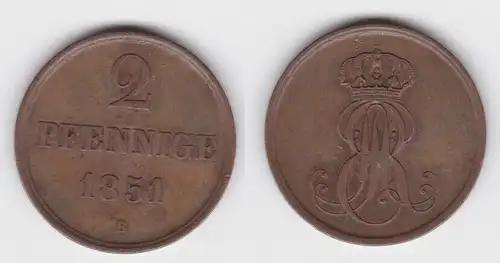 2 Pfennig Kupfer Münze Hannover 1851 B ss+ (142823)