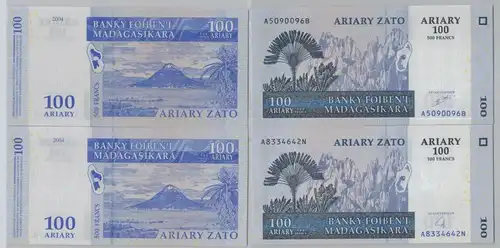 2x 500 Francs = 100 Ariary Banknote Madagaskar Madagasikara 2004 (153710)