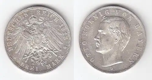 3 Mark Silbermünze Bayern König Otto 1913 Jäger 47  (110164)