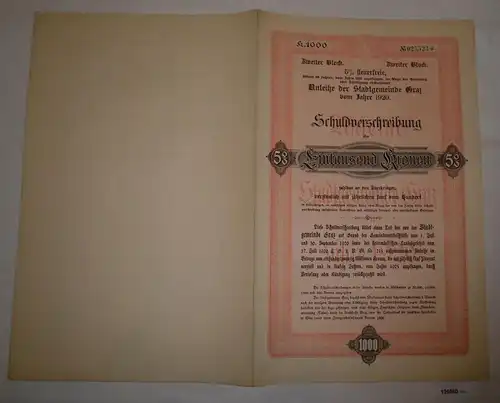 1000 Kronen Schuldverschreibung Anleihen der Stadtgemeinde Graz 1920 (126880)