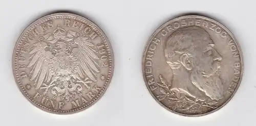 5 Mark Silbermünze Baden Regierungsjubiläum 1902 J. 31 Stgl. (113215)