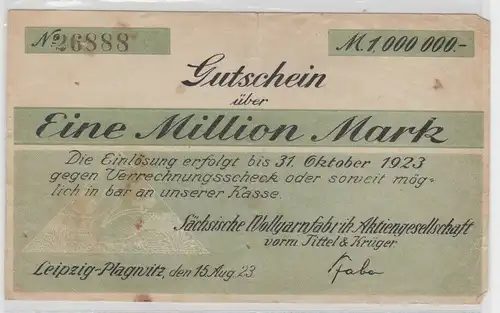 1 Million Mark Banknote Inflation Leipzig Plagwitz Wollgarnfabrik 1923 (112893)
