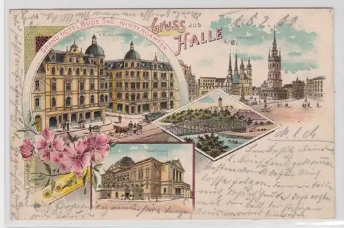 99255 AK Gruss aus Halle - Grand Hotel Bode, Stadt-Theater, Marktplatz 1900