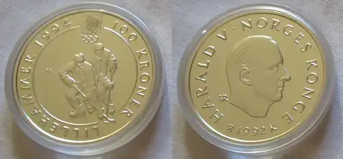 100 Kronen Silber Münze Norwegen Olympiade 1994 Eishockey 1992 (126273)