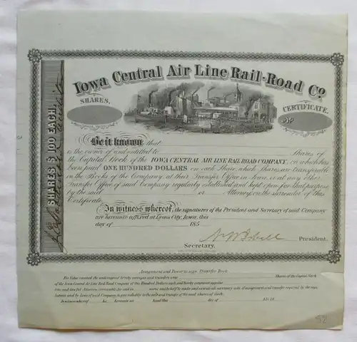 100 Dollar Aktie Iowa Central Air Line Rail-Road Iowa um 1850 (137547)