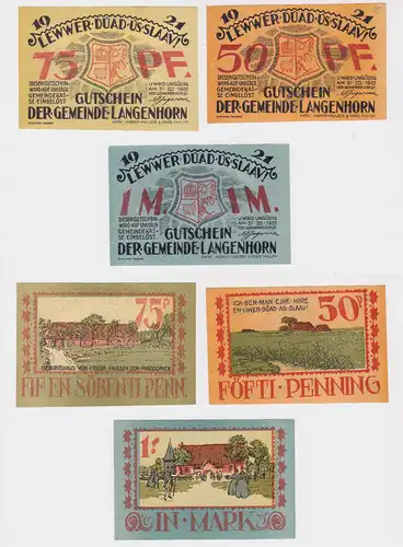 50, 75 Pf & 1 Mark Banknoten Notgeld Gemeinde Langenhorn 1921 (126124)