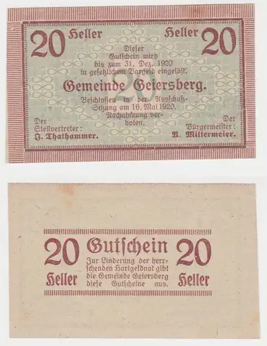 20 Heller Banknote Notgeld Gemeinde Geiersberg 16.05.1920 (152281)