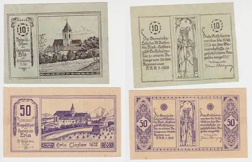 2 Banknoten 10 und 50 Heller Notgeld Gemeinde Erla (141509)