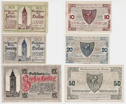 3 Banknoten 10 bis 50 Heller Notgeld Stadtgemeinde Enns (144520)