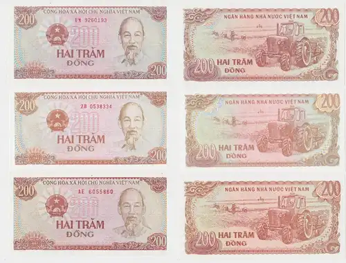 3 x 200 Dong Banknote Vietnam 1987 Pick 100 UNC (152910)