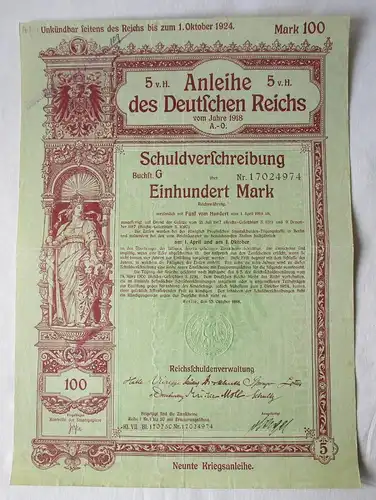 100 Mark Anleihe Deutschen Reichs Reichsschuldenverwaltung Berlin  1918 (129436)