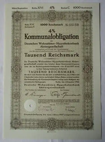 1000 RM Obligation Deutsche Wohnstätten-Hypothekenbank Berlin 1942 (117855)