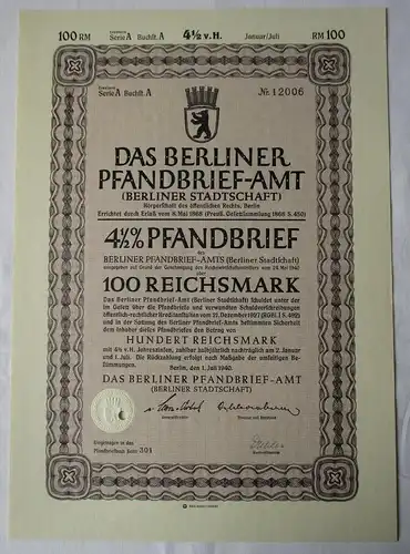 1000 Reichsmark Pfandbrief Berliner Pfandbrief-Amt 1. Juli 1940 (114982)